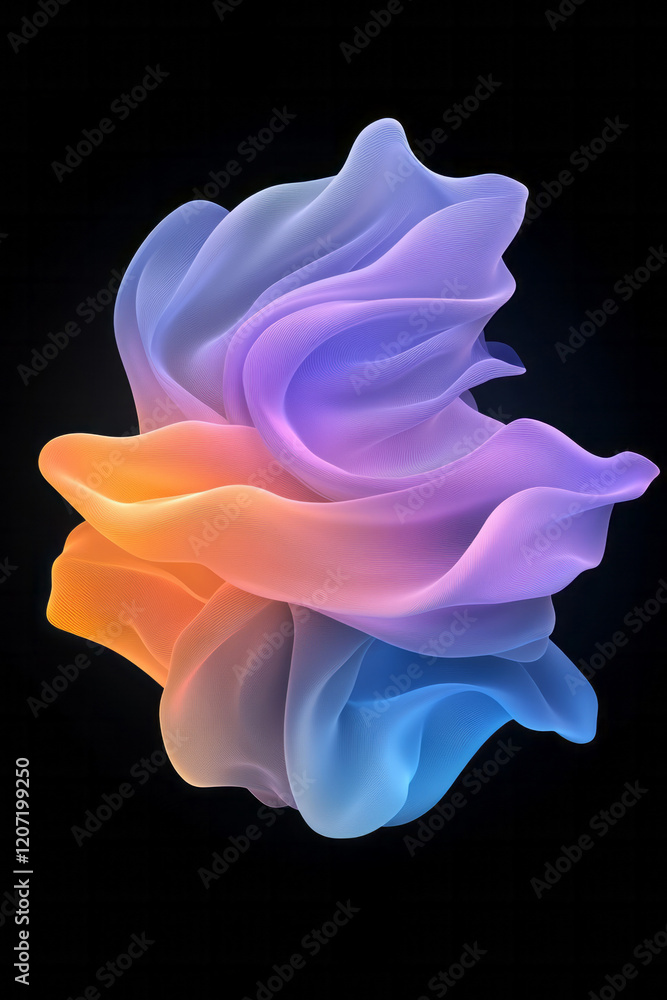 Poster A tranquil abstract wave composition with gentle neon blue and purple gradients rolling smoothly across a sleek black background,