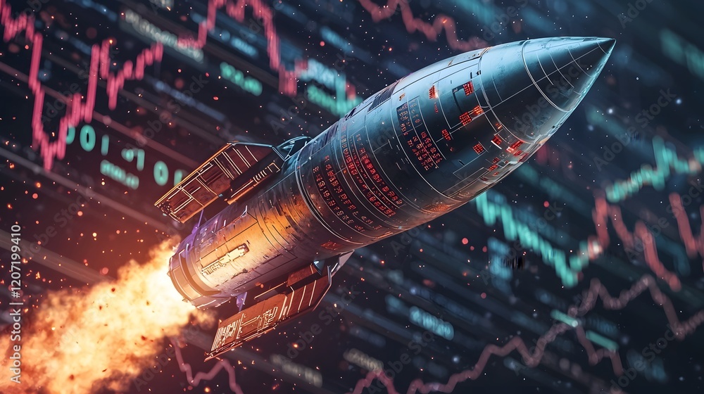 Poster dramatic launch of a futuristic rocket set against a backdrop of dynamic financial data charts and g