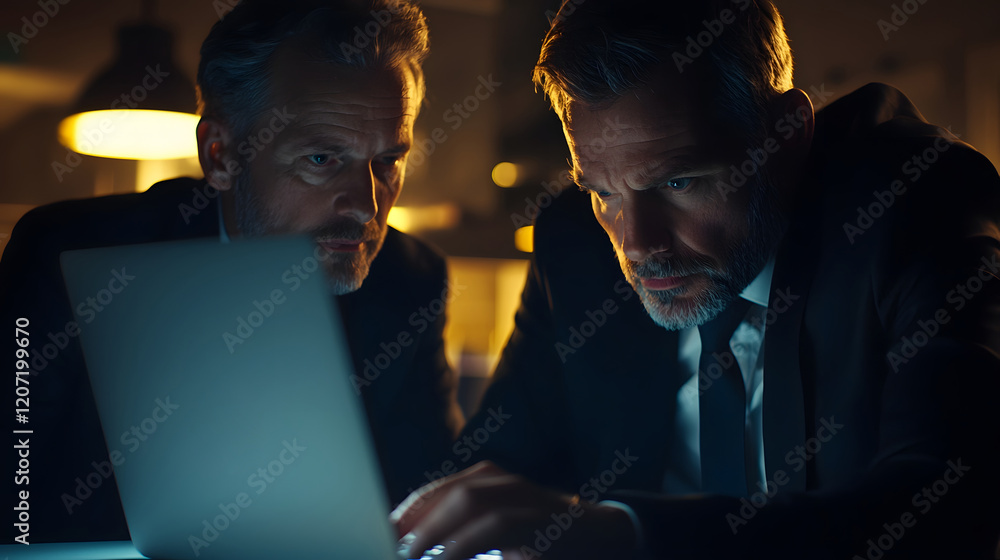Poster focused business professionals collaborating on a project using a single laptop in a dimly lit offic