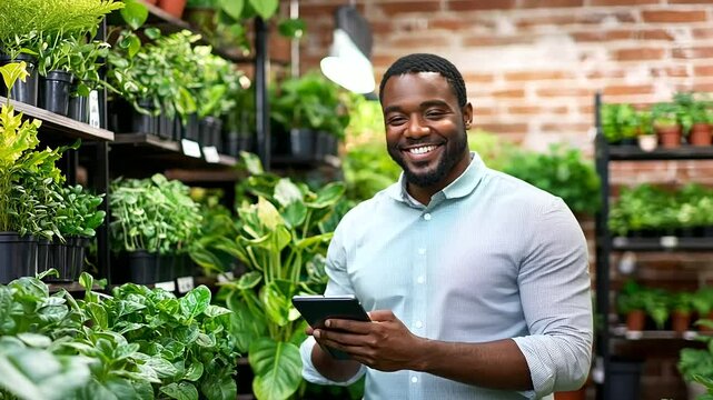 a cheerful atmosphere as the shopkeeper efficiently manages stock amidst a backdrop of thriving plants and charming decor.