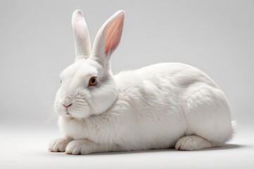 Obraz premium White rabbit sitting on a gray background.
