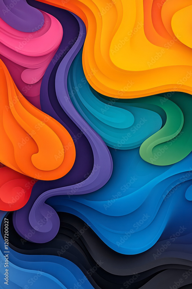 Aufkleber A dynamic abstract artwork featuring vibrant lines weaving through intricate gradient curves, creating a lively and engaging pattern,