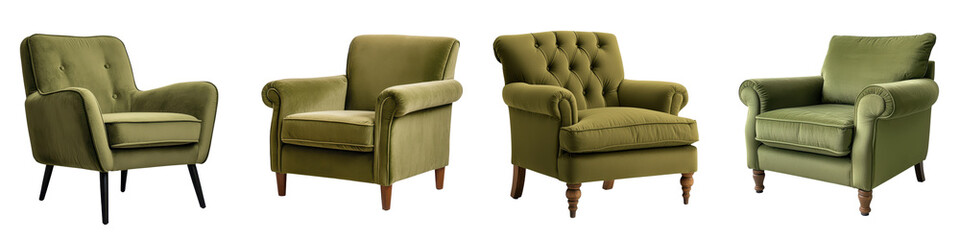 Elegant and luxurious velvet armchairs in a modern minimalist living room setting  The chairs feature a tufted design wingback silhouette and mid century inspired style