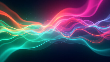 Digital abstract background with flowing neon streaks, soft blur effects, vibrant green and pink gradients, and a futuristic cyberpunk aesthetic
