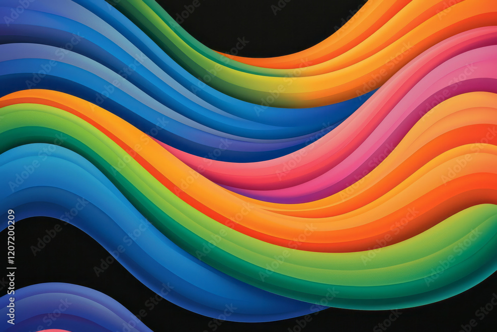 Poster a striking abstract pattern of vivid lines forming smooth gradient curves, set against a dark backgr