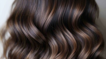 Naklejka premium Wavy brunette hair, highlights, salon styling, close-up, beauty