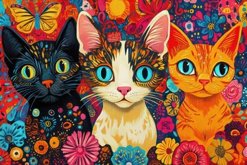 Playful cats and dogs in different poses, each one expressing a sense of joy and mischief, set against a backdrop of vibrant, colorful patterns.