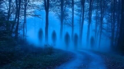 Obraz premium Haunting Foggy Forest at Night with Ghostly Trees Casting Long Creepy Shadows Over a Winding Path Perfect for Halloween Atmosphere and Supernatural Themes