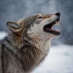 Fototapeta premium A fluffy gray wolf howling, its fur shimmering, isolated on a simple backdrop.
