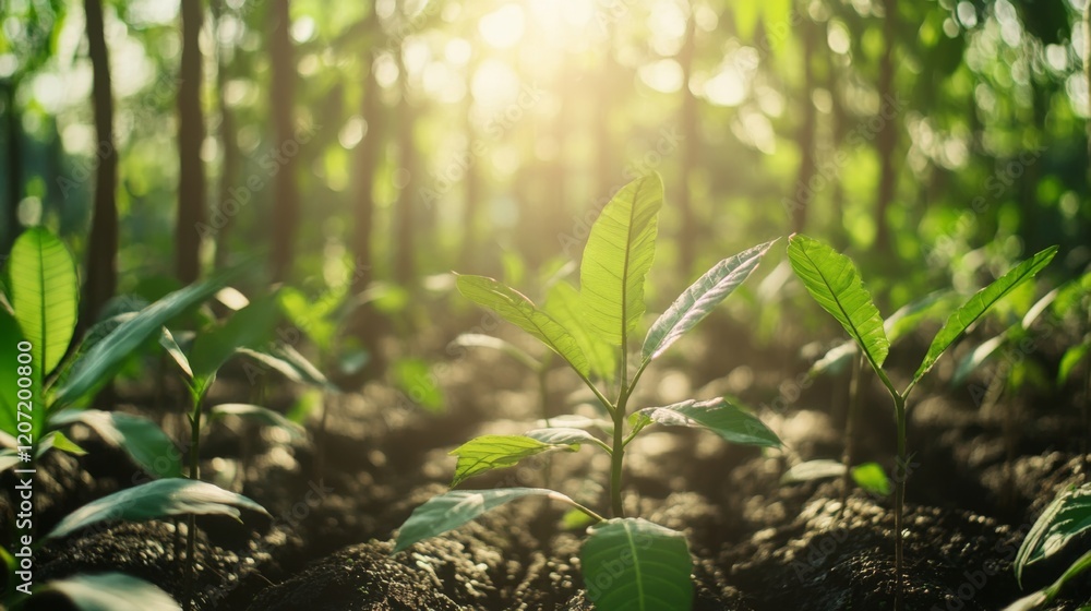Poster a serene view of a nursery filled with various tree saplings, ready for planting, with sunlight stre