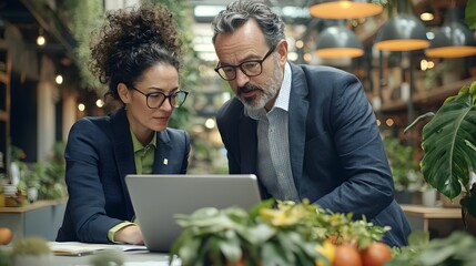 Two business executives or corporate professionals are gathered around a laptop computer examining and discussing a marketing strategy or business plan together in a modern office environment