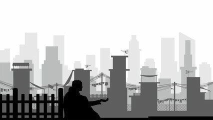 Illustration of poverty issue with a beggar in the street of slum. Vector illustration of social issue with slum building and homeless. Skyline cityscape contrast with slum building of poor people