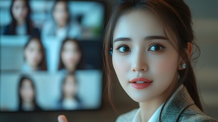 Close up portrait of an Asian businesswoman explaining a business concept or idea to her team members during a virtual video conference call  She appears engaged focused