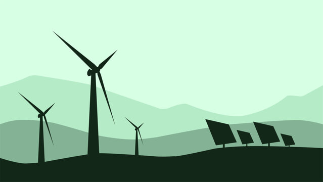 Illustration of green energy with wind turbine and solar panel. Vector illustration of renewable energy from wind and sunlight. Clean energy landscape to reduce pollution and keep the environment