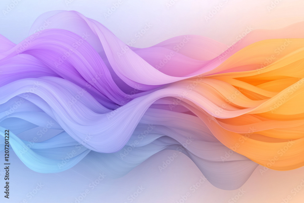 Poster a vibrant abstract composition of wavy lines in gradient shades of purple and orange, creating a liv