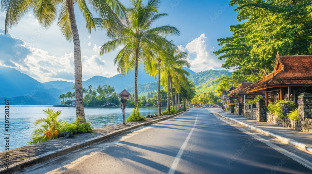 Aufkleber a serene waterfront street lined with palm trees, offering stunning views of the water and distant m