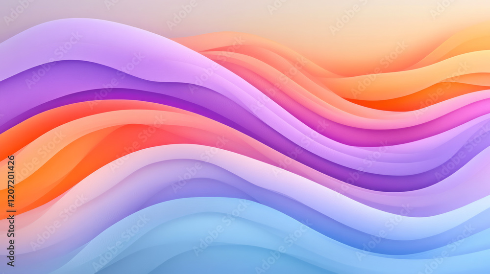 Poster an elegant abstract artwork showcasing undulating waves in vibrant purple and soft orange gradients,