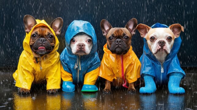 Four French Bulldogs in Raincoats Playing in the Rain