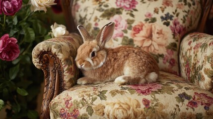 Cute Rabbit Sitting on Floral Chair Surrounded by Flowers