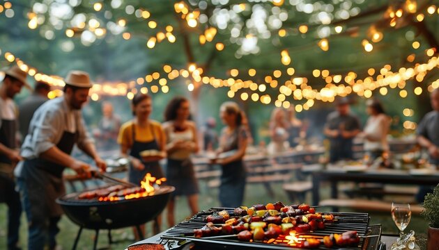 Labor day bbq celebration with festive atmosphere and string lights