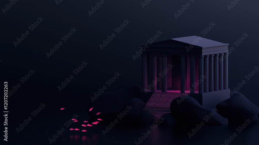 Poster a building with pillars and a stone staircase is shown in a dark background
