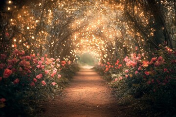 Enchanted forest path with glowing magical fairy lights and flowers, a fantasy backdrop