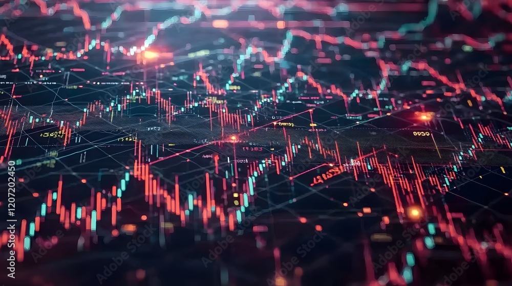Poster a complex digital background featuring overlapping market graphs charts and data visualizations with
