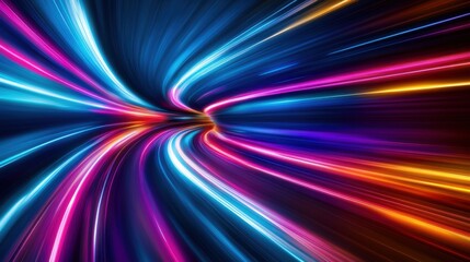 A dynamic retro-futuristic warp space scene featuring glowing neon lines in a hyper-speed tunnel effect, with vivid gradients and a sci-fi aesthetic.