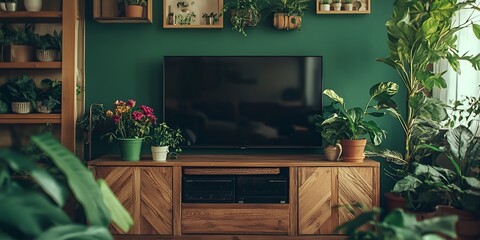 A wooden entertainment console with plants and potted flowers, a large black TV mounted 
