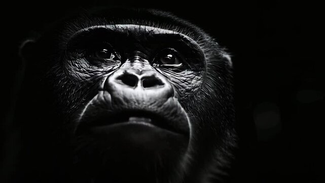 close up portrait of gorilla monkey on the black background with copy space