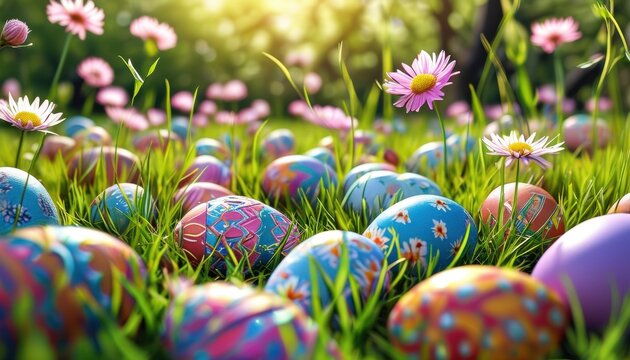 Vibrant easter egg hunt in grass with copy space