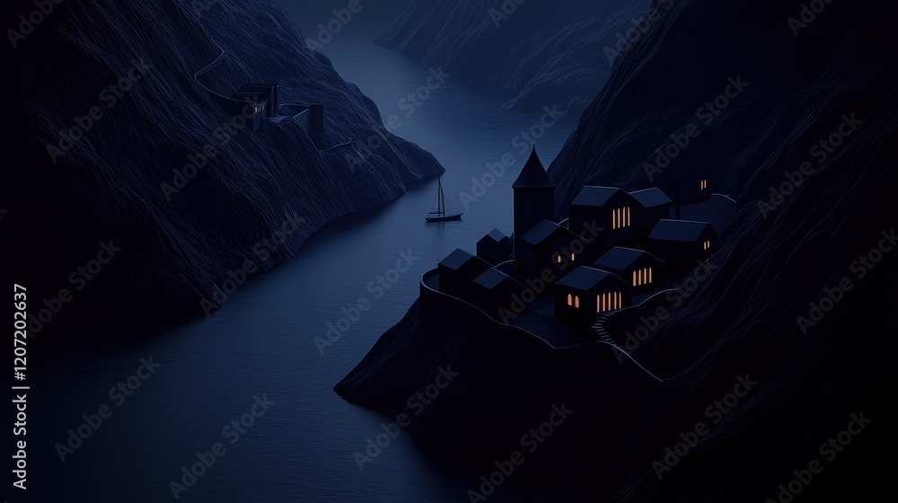 Poster a dark and mysterious scene with a boat floating on a river