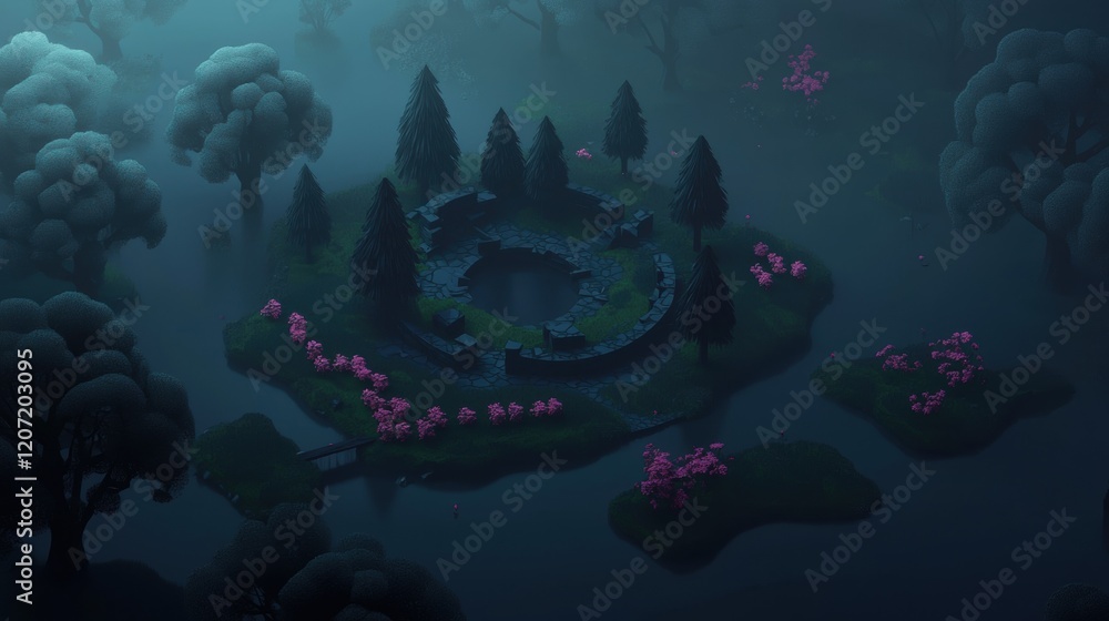 Poster a forest scene with a pond in the center and a circle of trees surrounding it