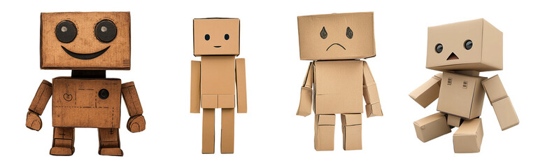 Four cardboard robots expressing different emotions happy, neutral, sad, and surprised.  Perfect for illustrating feelings or creative concepts. On transparent background