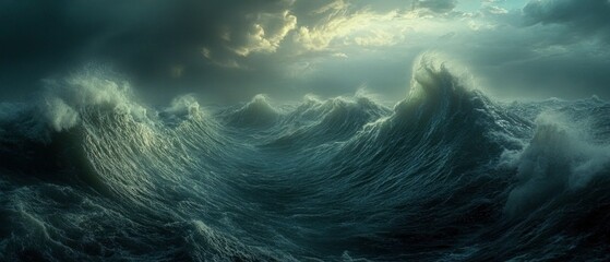 Dramatic ocean waves crashing under a stormy sky, showcasing nature's power and beauty