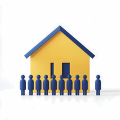 Minimalist navy blue icon of people standing in front of a yellow house, white background