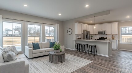 Fototapeta premium Bright and Airy Open Concept Living Room and Kitchen in Modern Home