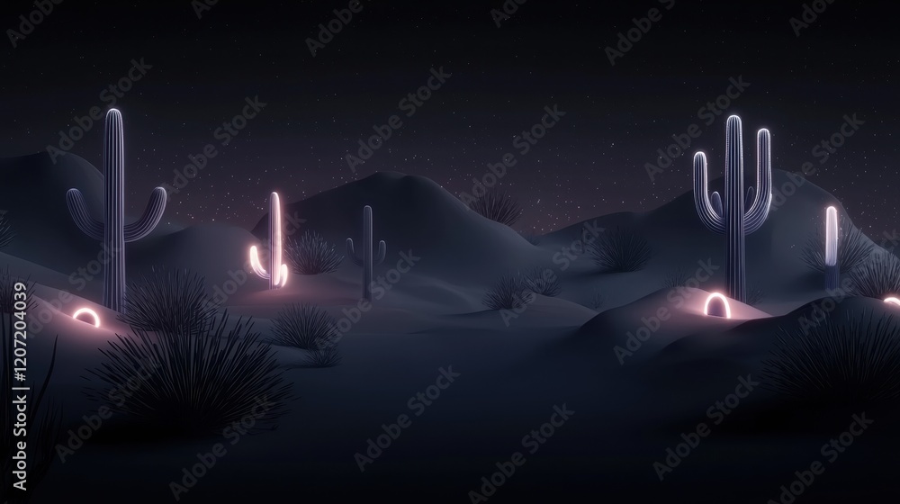 Canvas Prints a desert scene with a few cacti lit up in the dark