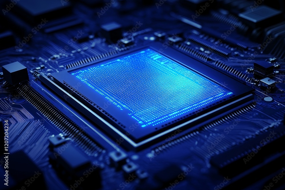 Poster abstract dark empty background with digital blue microchip circuit.