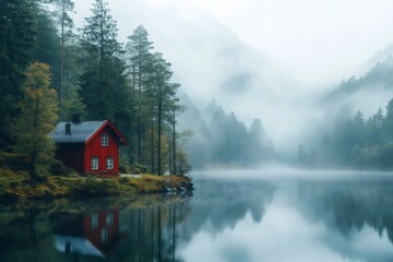 Obraz premium Red wooden cabin reflecting on misty lake in tranquil forest
