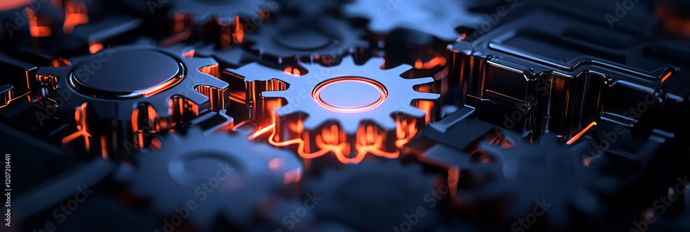 Poster a dynamic image of gears interlocking in motion, representing the integration of processes and syste
