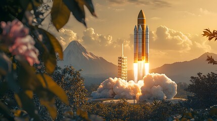 Majestic rocket soaring above towering mountains at dramatic sunset symbolizing the power of technology innovation and the human spirit to overcome challenges and achieve greatness