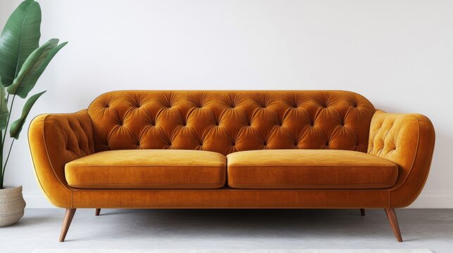 Elegant Mustard Velvet Tufted Sofa in Modern Living Room