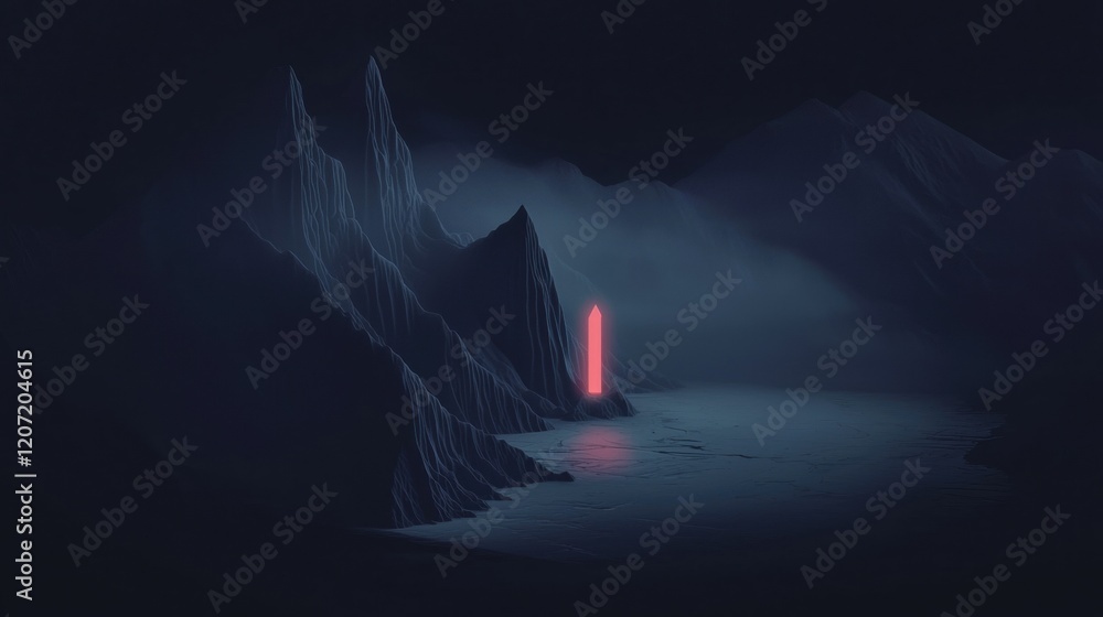 Poster a mountain range with a glowing red object in the middle