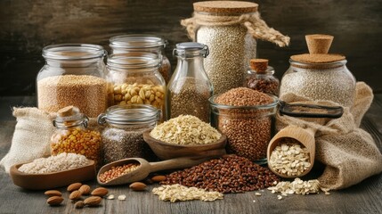Fototapeta premium Shelves filled with bulk grains, nuts, and spices in glass jars, with eco-friendly scoops and cloth bags nearby