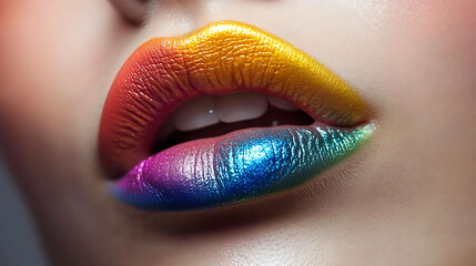 Creative makeup look with gradient lips and rainbow eyeliner