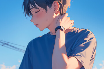 Young man in casual attire touching his neck, gazing down thoughtfully against a clear blue sky