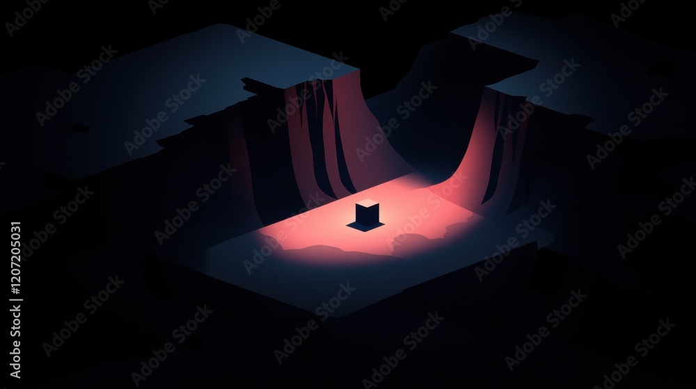 Poster a dark image of a mountain with a red light shining on a box