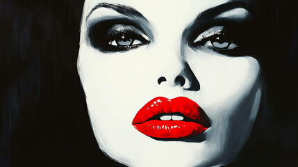 High-contrast portrait of a woman with bright red lips and dark smoky eyes