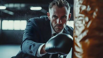 Determined and Focused Business Executive Practicing an Intense Boxing Workout Session with a Punching Bag in a Gym Setting Demonstrating Strength Discipline and Competitive Drive